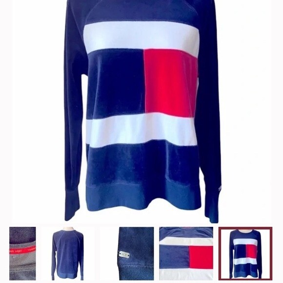 Vintage 90s Tommy Hilfiger Velour Logo Sweatshirt Colorblock Navy Red White Prep - Picture 3 of 6